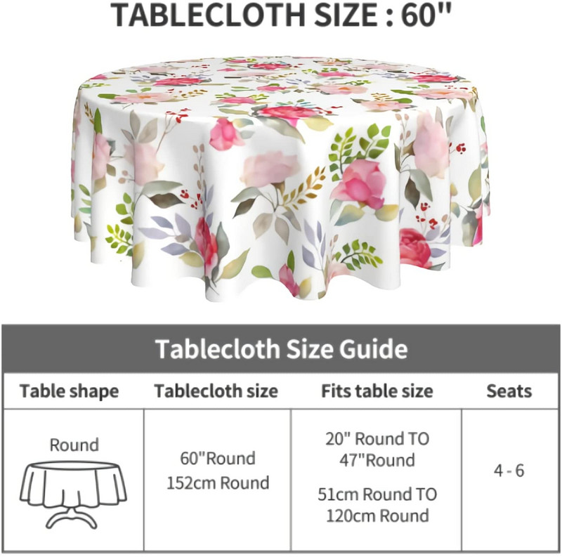 Nyári kerek terítő 60 hüvelykes akvarell virágos rózsák mintás terítő Mosható terítő vízálló és foltálló