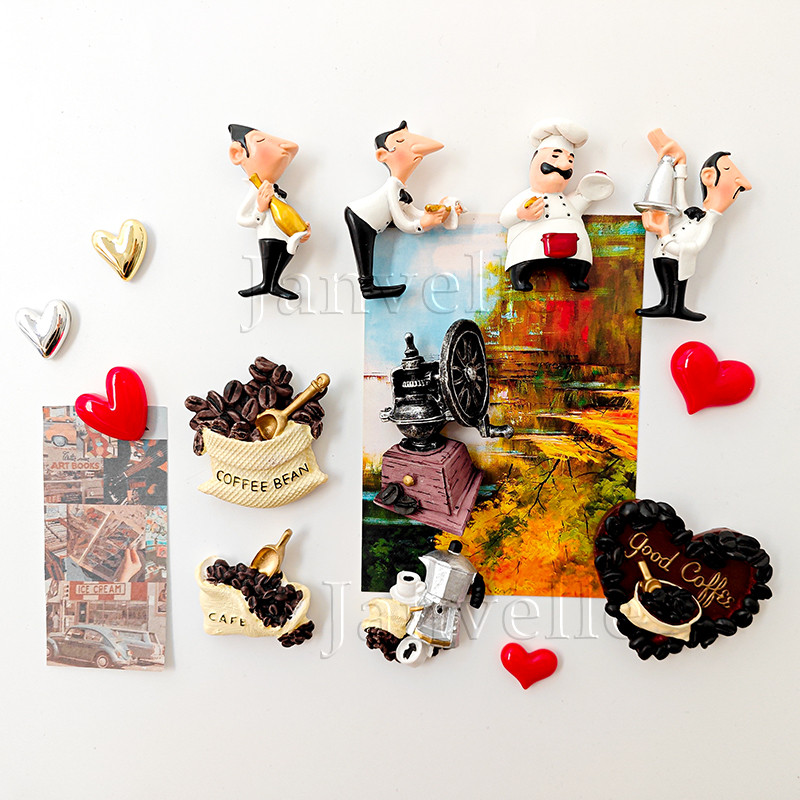 Jauki 3D ledusskapja magnēti Kawaii šefpavāra multfilmas ledusskapja uzlīmes, mazi pavārsveķu magnētiskie ledusskapja magnēti mājas virtuves dekorēšanai