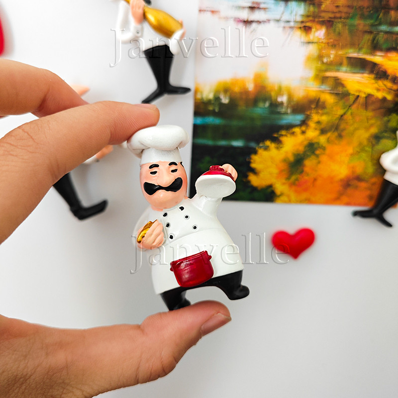 Jauki 3D ledusskapja magnēti Kawaii šefpavāra multfilmas ledusskapja uzlīmes, mazi pavārsveķu magnētiskie ledusskapja magnēti mājas virtuves dekorēšanai