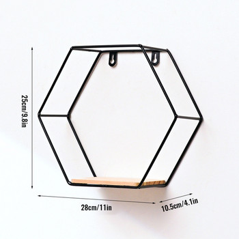 Скандинавски монтиран на стена плаващ шестоъгълен рафт Поставка за държач за съхранение в метална рамка с дървена дъска Поставка за геометрична рамка Домашен декор