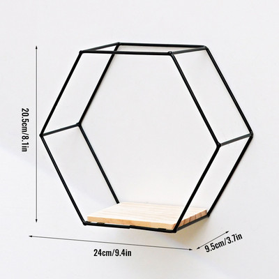 Ziemeļvalstu sienā stiprināms peldošs sešstūra plaukts ar metāla karkasa glabāšanas plauktu ar koka dēļu ģeometriskā rāmja statīvu mājas dekorēšanai
