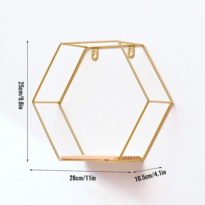 Ziemeļvalstu sienā stiprināms peldošs sešstūra plaukts ar metāla karkasa glabāšanas plauktu ar koka dēļu ģeometriskā rāmja statīvu mājas dekorēšanai