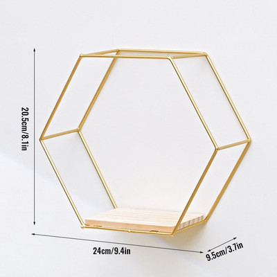 Ziemeļvalstu sienā stiprināms peldošs sešstūra plaukts ar metāla karkasa glabāšanas plauktu ar koka dēļu ģeometriskā rāmja statīvu mājas dekorēšanai