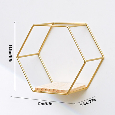 Ziemeļvalstu sienā stiprināms peldošs sešstūra plaukts ar metāla karkasa glabāšanas plauktu ar koka dēļu ģeometriskā rāmja statīvu mājas dekorēšanai