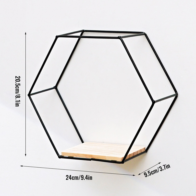 Ziemeļvalstu sienā stiprināms peldošs sešstūra plaukts ar metāla karkasa glabāšanas plauktu ar koka dēļu ģeometriskā rāmja statīvu mājas dekorēšanai