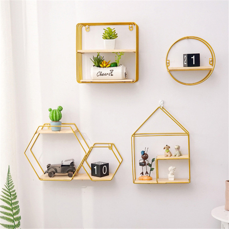 Ziemeļvalstu metāla dekoratīvs plaukts apaļš sešstūra glabāšanas turētājs plaukts plaukti podiņos rotājumu turētājs mājas dzelzs sienu dekorēšana