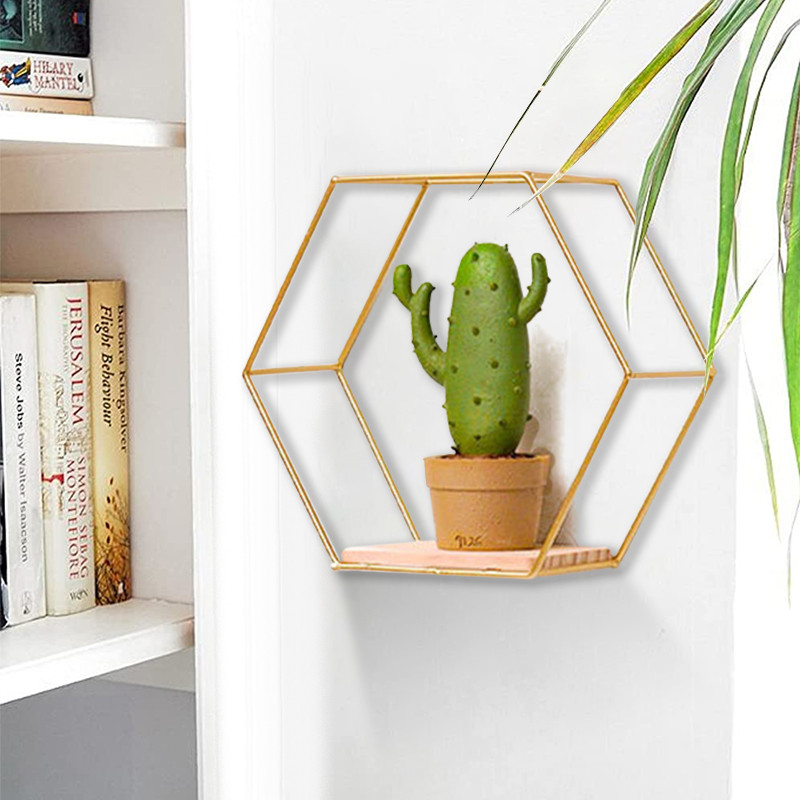 Nordic Wall metāla glabāšanas turētājs Peldošs sešstūris montēts plaukta rāmis zelta plaukti, sienas glabāšanas un displeja mājas dekorēšana