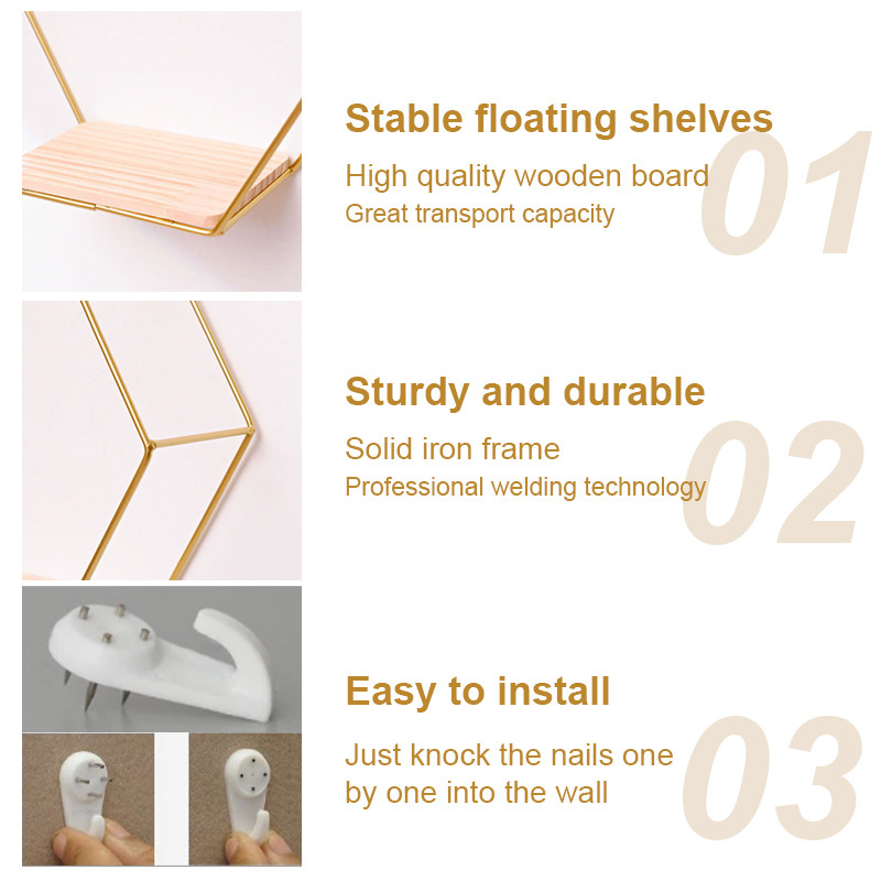 Nordic Wall metāla glabāšanas turētājs Peldošs sešstūris montēts plaukta rāmis zelta plaukti, sienas glabāšanas un displeja mājas dekorēšana