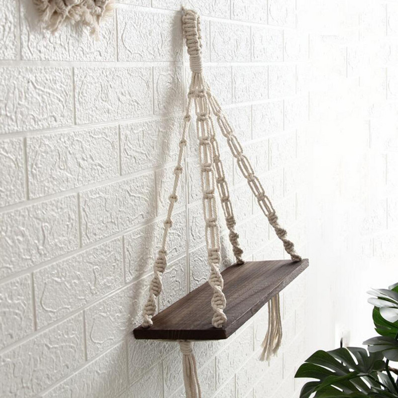 Makramē plauktu glabāšanas organizatora stends puķu podu dekorēšanai