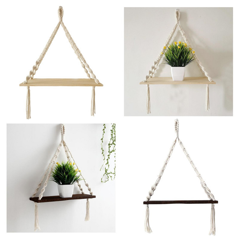 Makramē plauktu glabāšanas organizatora stends puķu podu dekorēšanai