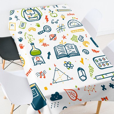 Karikatūras ģeometrijas skolas piederumi galdauts ballīšu galdauts pusdienu galda dekors balts galdauts izšūts galdauts