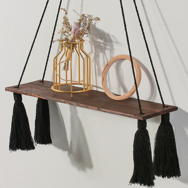 Koka plaukts Makrama sienas dekors Boho plauktu organizators Mājas dekors Peldošie plaukti sienas vannas istabas dekoram Augu statīvu plaukti