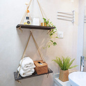 Augstākās kvalitātes koka šūpoles piekaramie virve Pie sienas stiprināmi peldošie plaukti Augu puķu pods Koka šūpoles piekaramie peldošie plaukti Vannas istabas plaukts