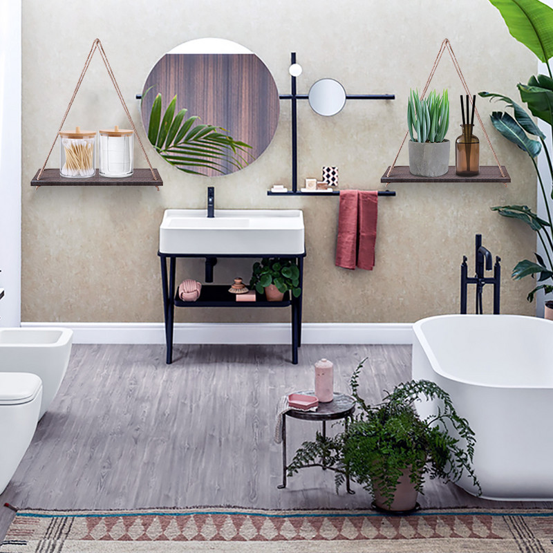 Augstākās kvalitātes koka šūpoles piekaramie virve Pie sienas stiprināmi peldošie plaukti Augu puķu pods Koka šūpoles piekaramie peldošie plaukti Vannas istabas plaukts