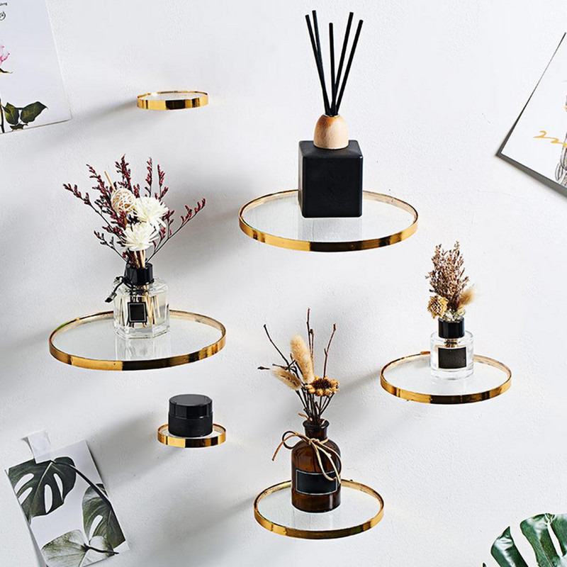 Gražios aukso spalvos apvalios formos kaltinės geležies dekoratyvinės stiklo plūduriuojančios lentynos augalas plūduriuojanti lentyna Lengvas montavimas