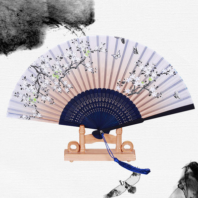 Vintažinis šilkas, sulankstomas rankų vėduoklė Bambuko kiniškas audinys ventiliatoriaus raštas Menas amatai japonų apdaila Namų nuotaka sulankstoma rankų vėduoklė