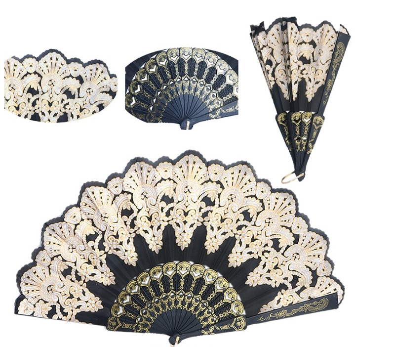 Vacclo salokāms rokās turams ventilators ziedu mežģīnes melnas kāzu deju ballītes zīda vēdekļi Luksusa modes karstā štancēšanas ventilators spāņu stilā