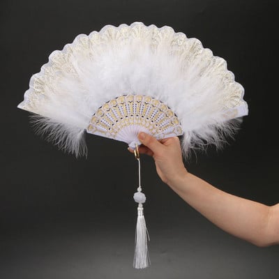 Lolita Feather Folding Fan Sweet Girl Dark Gothic Court Dance Ръчно ветрило с висулка Подпори за снимки Сватбена парти Декорация