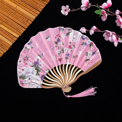 1 buc ventilator retro pliabil din mătase, stil chinezesc japonez, decorativ, pentru femei, de buzunar, cu mâner din bambus, ventilator de decorare pentru mână