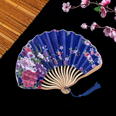 1 buc ventilator retro pliabil din mătase, stil chinezesc japonez, decorativ, pentru femei, de buzunar, cu mâner din bambus, ventilator de decorare pentru mână