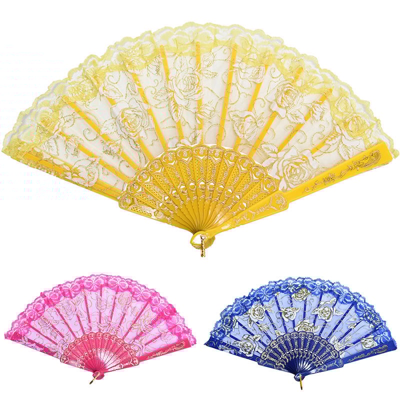 Hot 10 Colors Mežģīnes Spāņu audums Zīds Salokāms Rokā Turami Deju Ventilatori Ziedu Ballīte Kāzu Prom Dejas Vasaras Fanu Piederumi