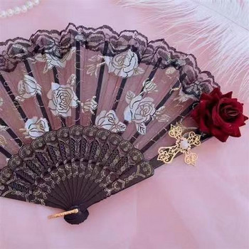 Lolita Lace Rose Folding Fan Великолепен ретро европейски стил Dark Gothic Court Dance Hand Fan Gifts Show Wedding Party Decoration