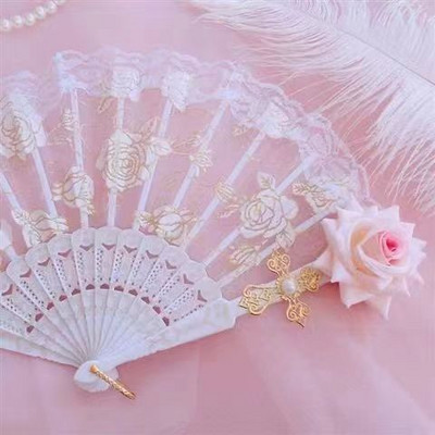 Lolita csipke rózsa összecsukható legyező Gyönyörű retro európai stílusú sötét gótikus udvari táncos kézi rajongó ajándékok bemutató esküvői parti dekoráció