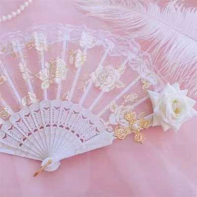 Lolita csipke rózsa összecsukható legyező Gyönyörű retro európai stílusú sötét gótikus udvari táncos kézi rajongó ajándékok bemutató esküvői parti dekoráció
