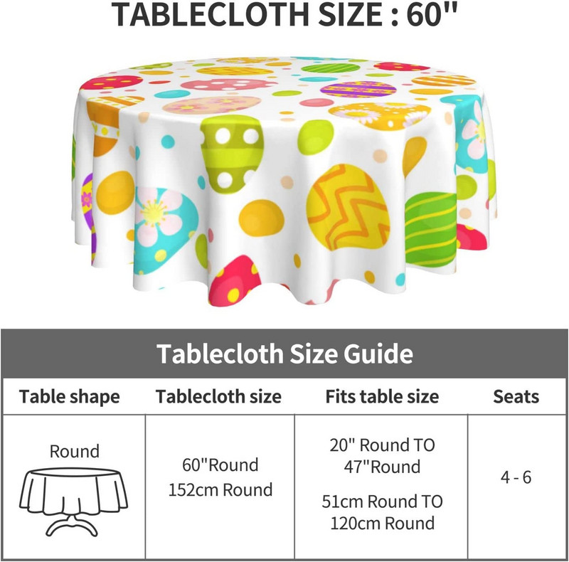 Lieldienu galdauts apaļš 60 collas Priecīgas Lieldienu dienas Olas Zaķa svētku dekoratīvs, krāsains galdauts brīvdabas piknika ballītei