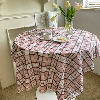 Корейски Ins Pink Stripe Grid Кръгла покривка Прост стил Фон Начало Декор Покривало за маса за чай Покривка за маса за хранене Подпори за снимки