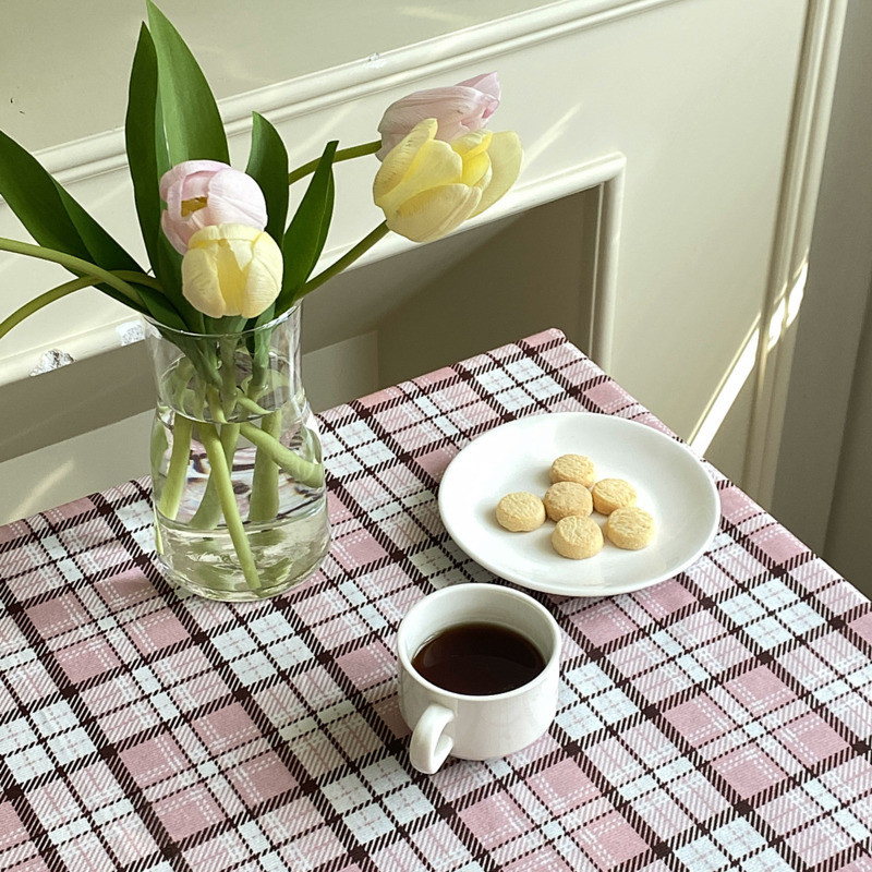 Korėjos Ins Pink Stripe Grid Apvali staltiesė Paprasto stiliaus fonas Namų dekoras Arbatos stalo dangtis Valgomojo stalo užtiesalai Nuotraukų rekvizitai