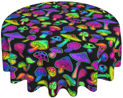 Galdauts Sēņu Magic Trippy apaļš 60 collu galda pārklājs Poliestera traipu un grumbu izturīgs galdauts virtuves ēdināšanai