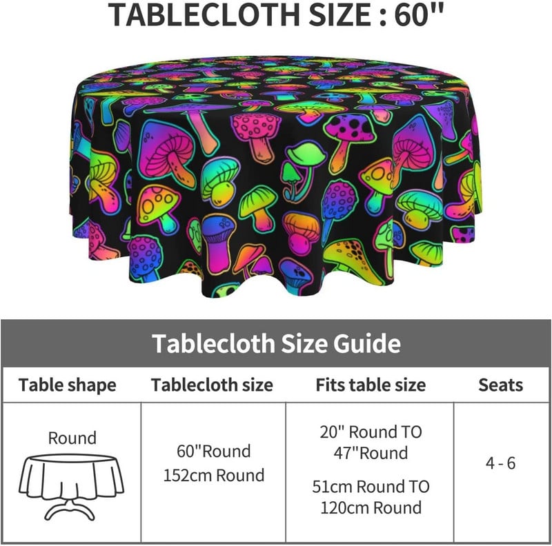 Galdauts Sēņu Magic Trippy apaļš 60 collu galda pārklājs Poliestera traipu un grumbu izturīgs galdauts virtuves ēdināšanai