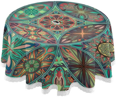 Mandala kültéri kerek asztalterítő 60`` vízálló poliészter terítő esernyőlyukkal és cipzárral a háztáji parti BBQ dekorációhoz