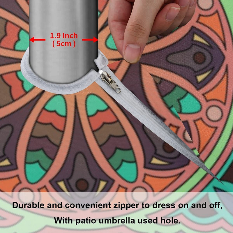 Mandala kültéri kerek asztalterítő 60`` vízálló poliészter terítő esernyőlyukkal és cipzárral a háztáji parti BBQ dekorációhoz