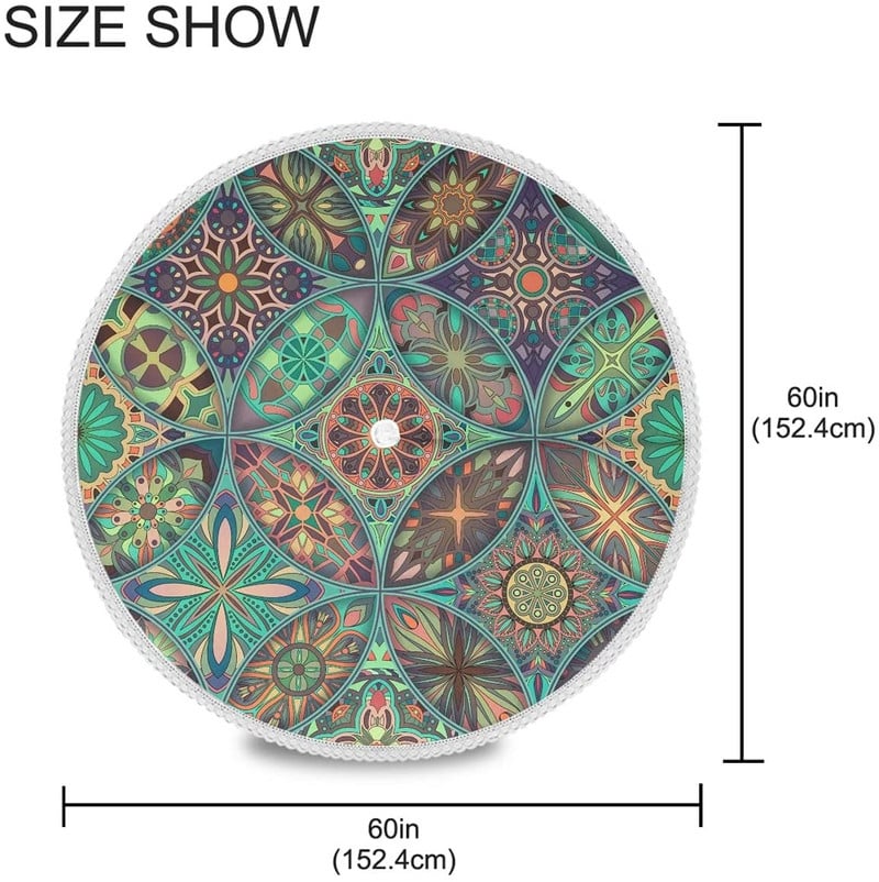 Mandala kültéri kerek asztalterítő 60`` vízálló poliészter terítő esernyőlyukkal és cipzárral a háztáji parti BBQ dekorációhoz