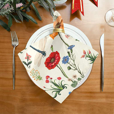 Реколта Dragonfly Floral Салфетки за маса Сватбена декорация Листа Платнени салфетки за многократна употреба за маса за хранене Празничен парти декор