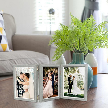 Тройна рамка за снимки Колаж Рамки за снимки 6 в 7 с висока разделителна способност Сгъваема дървена рамка за снимки Рустик Семейство настолни рамки