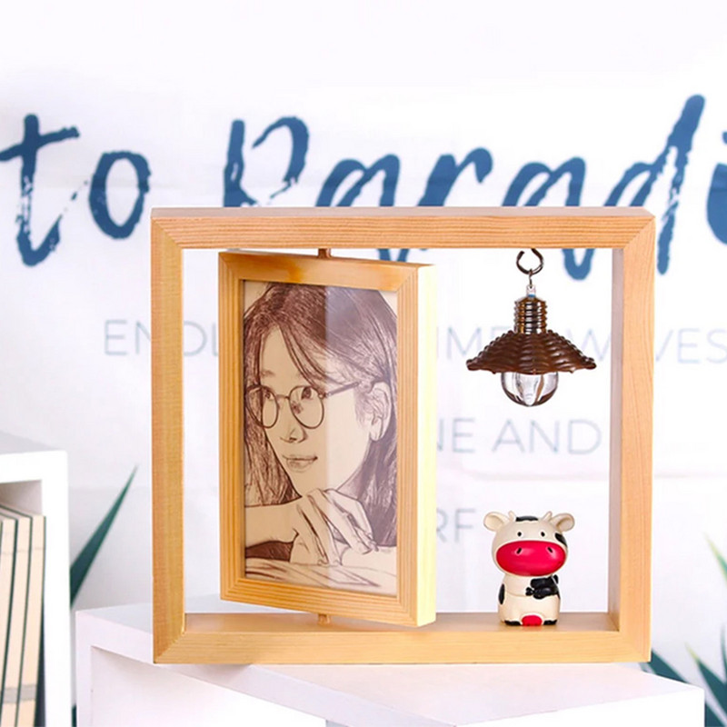 Forgó képkeret fa kétoldalas képkeret lámpával Cartoon Couple képkeret fotó gravírozására és nyomtatott fotóra