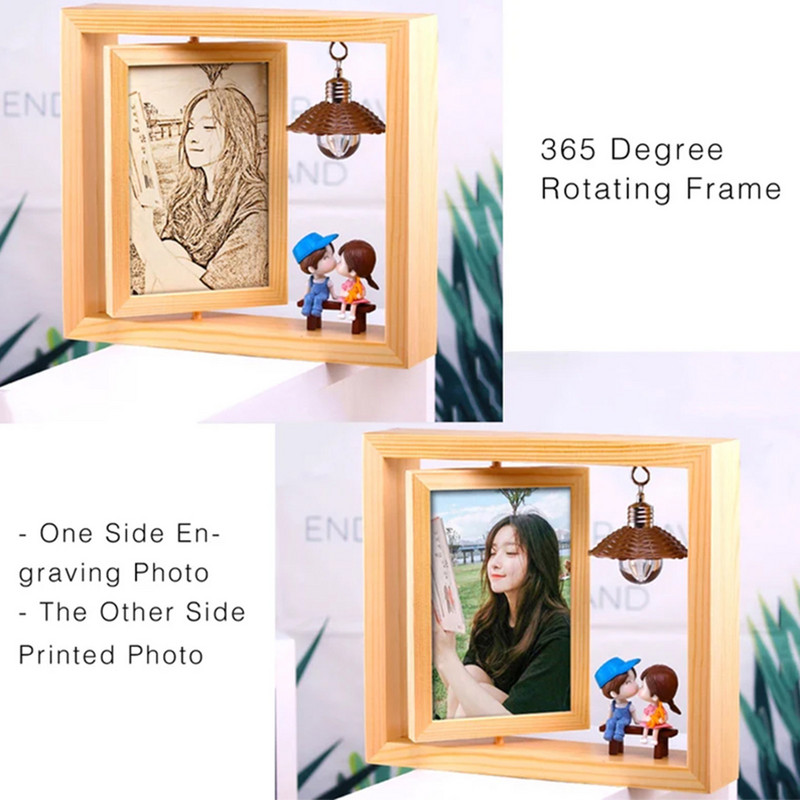 Forgó képkeret fa kétoldalas képkeret lámpával Cartoon Couple képkeret fotó gravírozására és nyomtatott fotóra