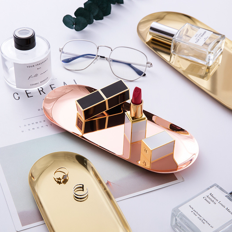 Mūsdienīga metāla rozā zelta plāksnes metāla ovāla juvelierizstrādājumu paplāte Noderīgi uzglabāšanas piederumi nerūsējošā tērauda plāksnes galddatora saņemšanas trauks