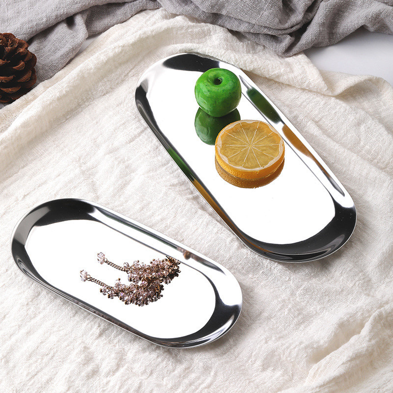 Mūsdienīga metāla rozā zelta plāksnes metāla ovāla juvelierizstrādājumu paplāte Noderīgi uzglabāšanas piederumi nerūsējošā tērauda plāksnes galddatora saņemšanas trauks