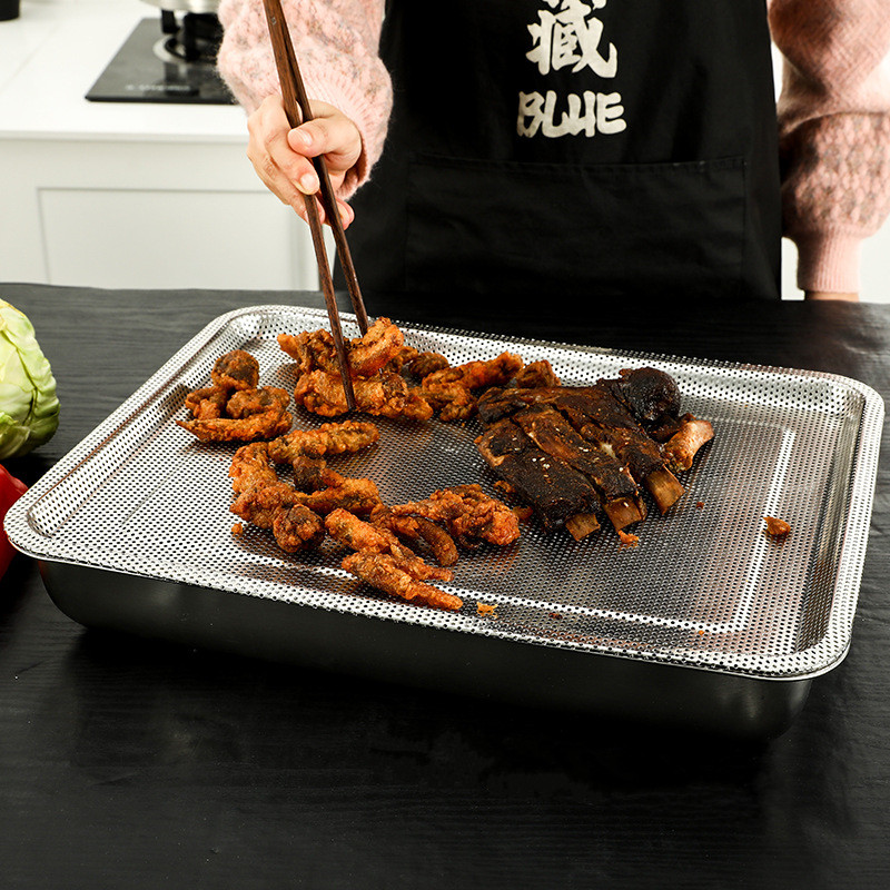 Δίσκος αποστράγγισης με πυκνή τρύπα από ανοξείδωτο χάλυβα Ορθογώνιο Τηγάνι φίλτρου λαδιού τηγανίσματος Αξεσουάρ κουζίνας Πιάτο αποθήκευσης λαχανικών