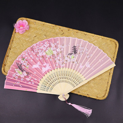 Sena stila saliekams vēdeklis pārnēsājams bambusa vēdeklis persiku ziedu rokdarbu rozā deju ventilatora kāzu ballītes dāvanu rokdarbu rotājums