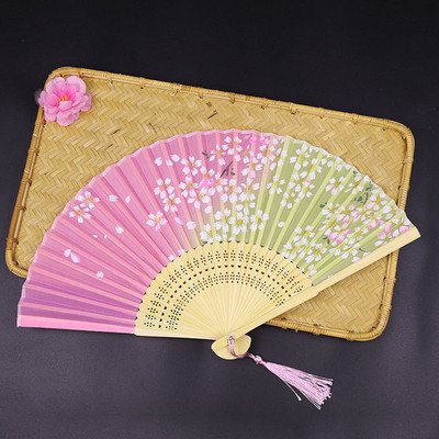 Sena stila saliekams vēdeklis pārnēsājams bambusa vēdeklis persiku ziedu rokdarbu rozā deju ventilatora kāzu ballītes dāvanu rokdarbu rotājums