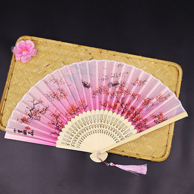 Sena stila saliekams vēdeklis pārnēsājams bambusa vēdeklis persiku ziedu rokdarbu rozā deju ventilatora kāzu ballītes dāvanu rokdarbu rotājums