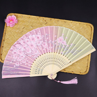 Sena stila saliekams vēdeklis pārnēsājams bambusa vēdeklis persiku ziedu rokdarbu rozā deju ventilatora kāzu ballītes dāvanu rokdarbu rotājums