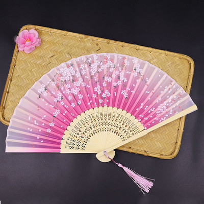 Sena stila saliekams vēdeklis pārnēsājams bambusa vēdeklis persiku ziedu rokdarbu rozā deju ventilatora kāzu ballītes dāvanu rokdarbu rotājums