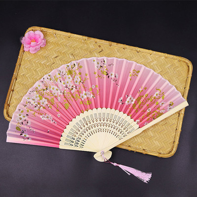 Sena stila saliekams vēdeklis pārnēsājams bambusa vēdeklis persiku ziedu rokdarbu rozā deju ventilatora kāzu ballītes dāvanu rokdarbu rotājums