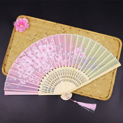 Sena stila saliekams vēdeklis pārnēsājams bambusa vēdeklis persiku ziedu rokdarbu rozā deju ventilatora kāzu ballītes dāvanu rokdarbu rotājums